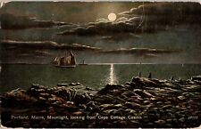 Portland Maine Moonlight Cape Cottage Casino Night Scene Boat Moon Postcard WOB picture