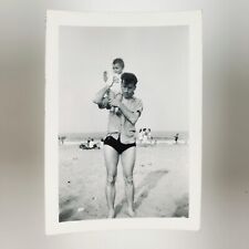 Baby Riding Dad's Shoulder Photo 1930s Vintage Sandy Beach Man Snapshot A3305 picture
