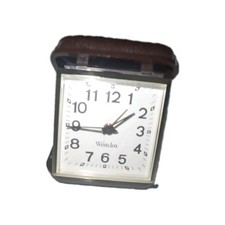 Clock Vintage Westclox 1960's Travel Alarm Wind Up Brown Folding Case MCM picture