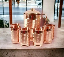 100% Pure Copper Water Jug Pitcher With Tumbler Glass Ayurveda Benefits Set Of 7 picture