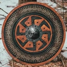 24'' Medieval Wooden Round Shield Viking Authentic Brown Hand Carved Battleworn picture