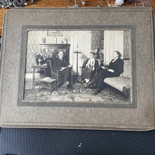 Antique 1900s Photo Woman Men Bible Study Bookcase Lamp Wicker 9.5 by 7.5 picture