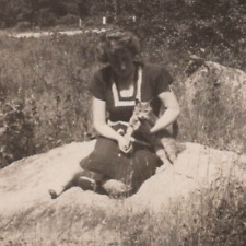 3P Photograph Woman Outside On Rock Portrait Holding Kitty Cat Kitten 1940's  picture
