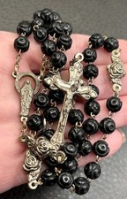 Vintage Black Rose Bead Rosary Rose Connectors Catholic Crucifix Silver Tone 25” picture