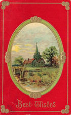 ANTIQUE BEST WISHES GREETING POSTCARD CHURCH IN COUNTRY SCENE 1912 picture