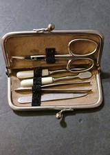 Antique Black Flowered Embroidered 1940s-50s Manicure Pedicure Travel Kit picture