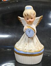 Vintage Lefton January Angel w/ Clock Ceramic Figurine Trinket Box  Japan 3447 picture