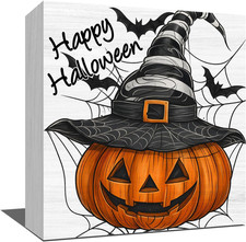 Happy Halloween Decoration Pumpkin Witch Hat Spiderweb Bats Wooden Sign Tabletop picture