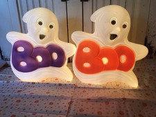 Blow Mold Halloween Boo Ghosts Light Up Grand Venture PAIR Purple And Orange picture
