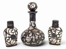 Set of 3 Antique Art Nouveau .925 Overlay Glass Perfume Bottles/Decanters picture