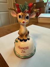 Vintage Japan Ceramic Christmas Prancer Jr. Reindeer Bell With Bow And Gold Anti picture