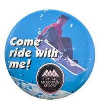 Crystal Mountain Resort Vintage 1990s Snowboard Pinback Button 3” XL Mt. Rainier picture