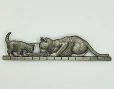 Vintage JJ Jonette Cat & Kitten Eating From Bowl Pewter Tone Brooch Pin 3.5” picture