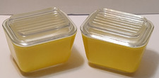 Two Vintage 501 Primary Yellow Pyrex Covered Refrigerator Jars picture