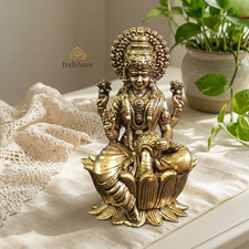 Brass Lakshmi Statue: Hindu Goddess of Wealth, Diwali Decor picture