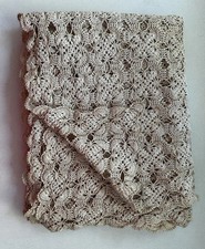 Antique VTG Handmade Crochet Lace Tablecloth Ecru Ivory Scalloped Edge 62x50” picture