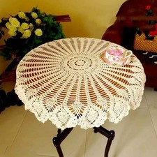 31in Vintage Cotton Hand Crochet Lace Flower Tablecloth Doily Round Table Topper picture