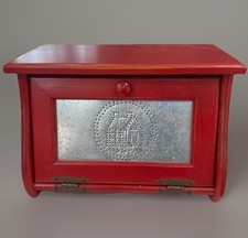 Solid Wood Red Breadbox Punched Tin Door Farmhouse Primitive Kitchen Storage picture