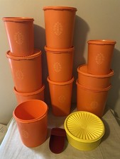 Big Lot Tupperware Canisters 10 Orange 9 Lids 1 Yellow Canister w/ Lid & Scoop  picture
