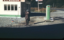 Sl48 Original slide 1950’s Red Kodachrome man Chevron gas station 969a picture
