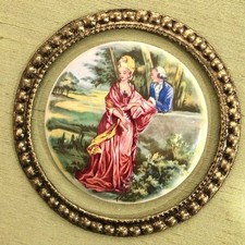 Vintage Wall Art Porcelain Plaque Courting Couple, Ornate Gold Framed picture