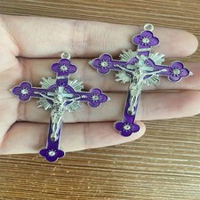 30pcs Charm Cross Pendant Purple Christian Crucifix Saint Benedict Pattern Craft picture