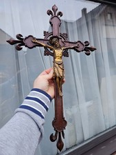 Antique French wood bronze neo gothic crucifix fleur de lys picture