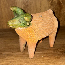 Vintage hand Painted Clay Bull Planter, Small Painted Animal Sculpture picture