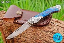 CUSTOM HANDMADE FORGED DAMASCUS STEEL FOLDING BLADE POCKET CAMPING KNIFE 881 picture
