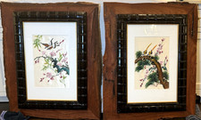 Vintage Pair Large Chinese Silk Paintings Bird & Blossom Custom Live Edge Frames picture
