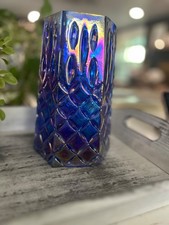 FTD Blue Iridescent Glass Vase Diamond Geometric Pattern Carnival Style picture