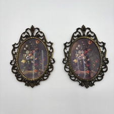 Vintage Italian Oval Metal Framed Floral Print Bubble Convex Glass Set of 2 picture