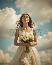 Bride White Roses Dreamy Sky Flowing Dress Romantic Fantasy Art Print picture