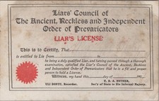 Liar's License Comic Novelty Postcard c1907 Order of Prevaricators Humor picture