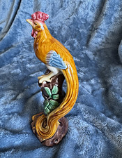 Vintage Chinese Rooster Figurine on Tree Stump Long Tail picture