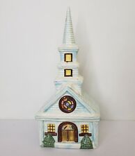 Large Vintage Ceramic Bisque Christmas Church w/Steeple & Stained glass.  picture