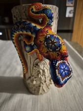 Huichol Iguana On Ceramic Log. Hand Beaded Mexican Folk Art. Signed. picture