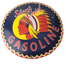 Vintage Silent Chief Gasoline Sign - Gas Service Station Pump Porcelain 12