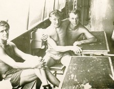 Shirtless Handsome young men couple hug bulge beach trunks gay vintage photo picture