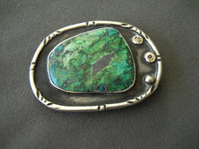 Old Native American Chrysocolla & Malachite Sterling Silver Chased Belt Buckle picture