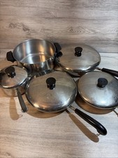 REVERE WARE 1801 VTG Copper Bottom 9 Piece Cookware Set Pots Pans Skillets USA picture