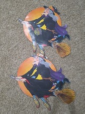 2 VTG 1985 Beistle Flying Witch Halloween Decoration Diecut Moon Broom 23