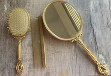 VINTAGE MATSON GOLD GILT ORMOLU ORNATE Floral 3 PIECE SET MIRROR, BRUSH & COMB picture