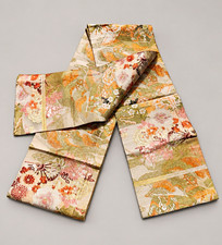 Vintage Japanese Maru Obi Brocade Birds Floral Pine Gold Ivory Kimono Sash picture