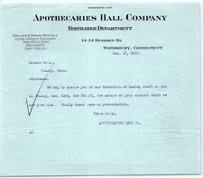 1918 Apothecaries Hall Co. Waterbury CT billhead draft picture