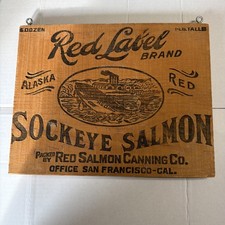 Vintage Cannery Red Label Salmon Alaska Wood Crate Shipping Box End picture