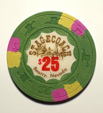 -VINTAGE Nevada-**STAGECOACH**$25 Casino Chip Beatty NV Green Pink/Yellow -1983 picture