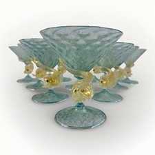 Vintage Murano Style Art Glass Martini Glass Fish Dolphin Stem Gold Flecks Blue picture