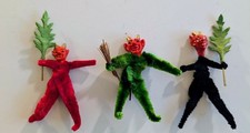 Antique German Austrian Chenille Krampus Devil Figure Composition Clay Head Trio picture