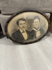 Antique Victorian Couple Crayon Portrait Convex Oval Frame 1800s picture